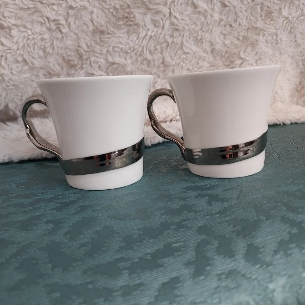 Coffee Me Elegant White and Silver Demitasse Espresso Cups (2) Java